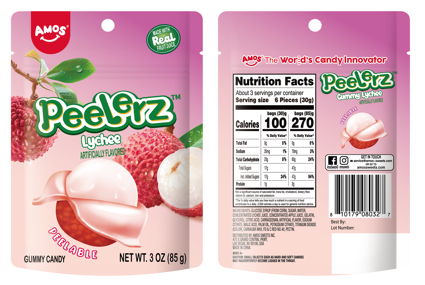 Amos Peelerz Lychee Gummy Candy (3oz)