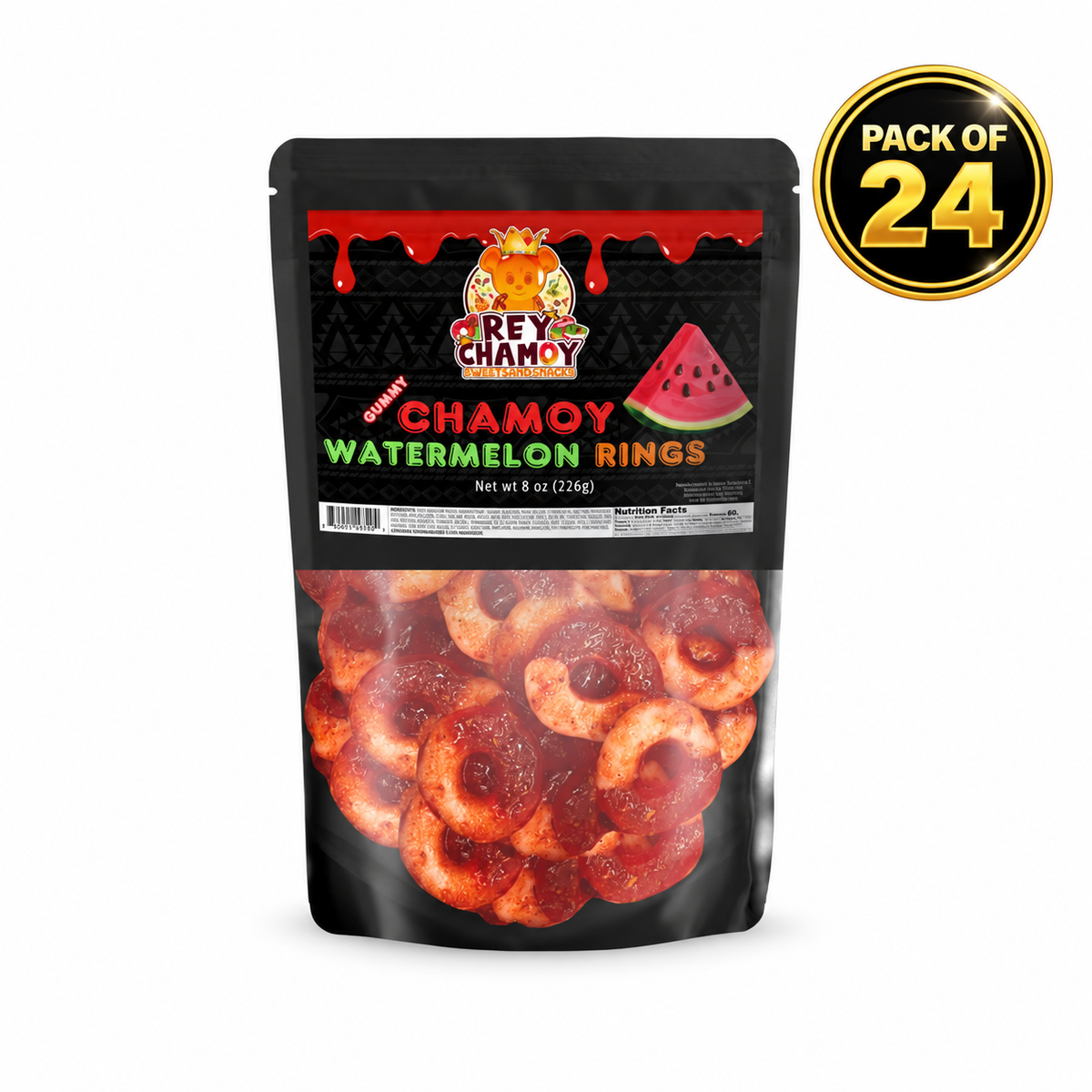 Rey Chamoy Watermelon Rings (8 oz)(24-Pack)