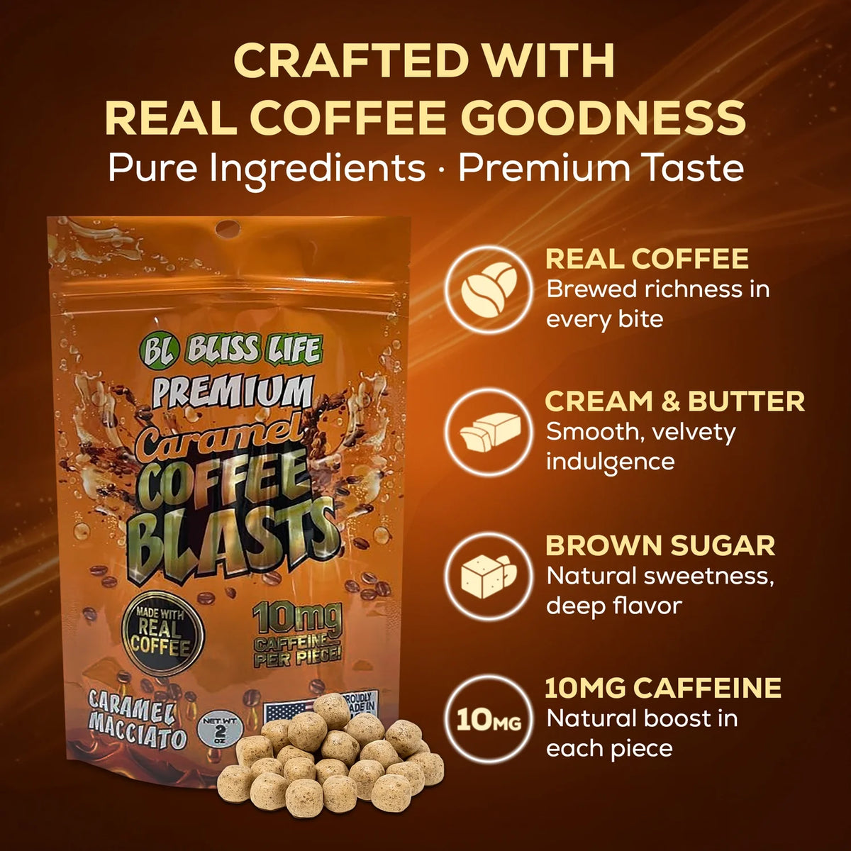 Bliss Life Caramel Coffee Blasts - 60 Count Floor Shipper