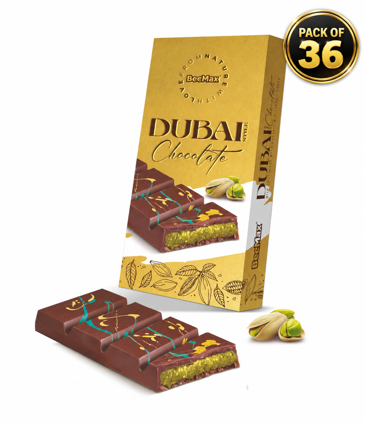 BeeMax Dubai Style Milk Chocolate Bar with Pistachio Cream & Kadaif, 7.05 oz (Pack of 36)